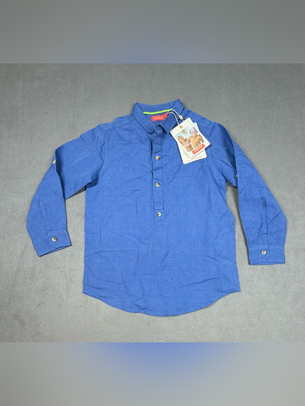 Sunuva Kids Blue Long-Sleeve Linen Blend Shirt with Roll-Up Sleeves